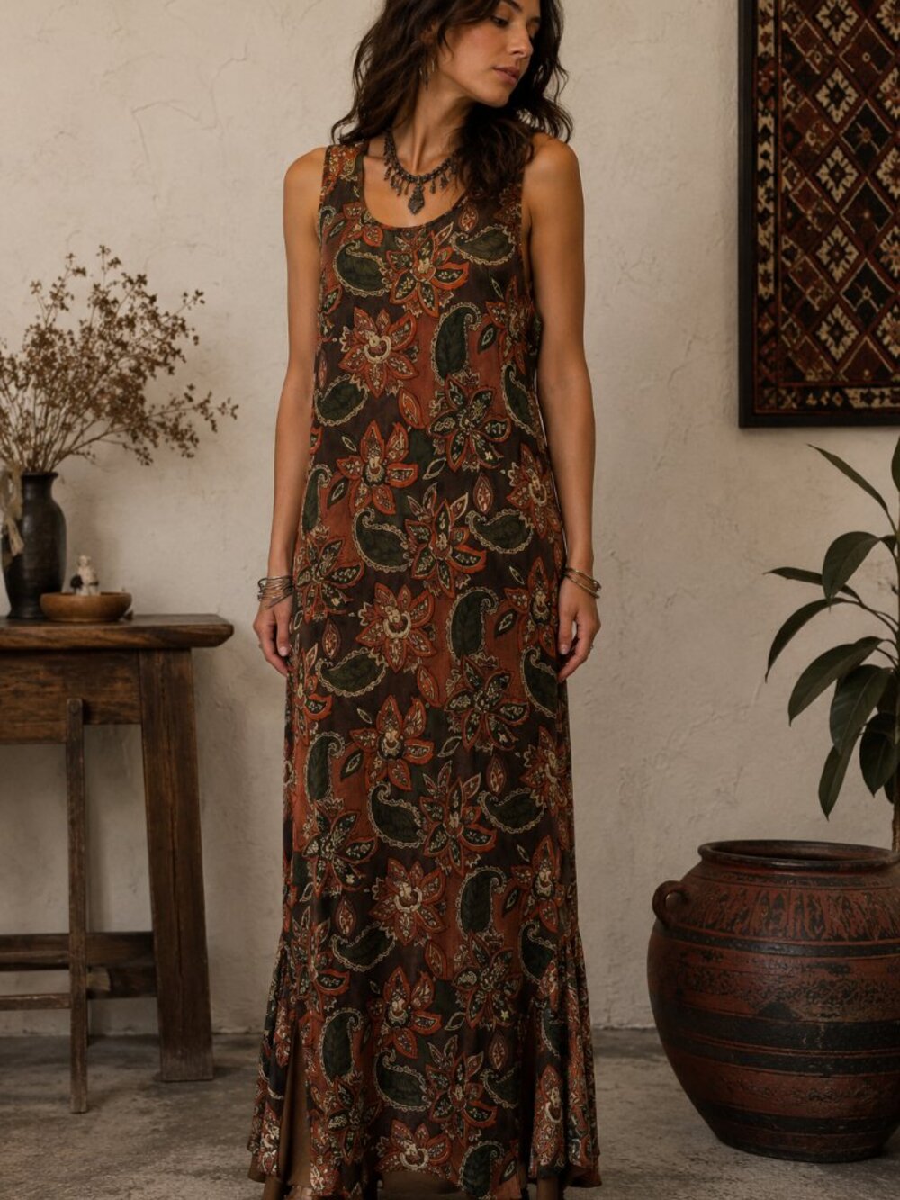 Vintage 100% Silk Maxi Slip Dress Boho Paisley Art to Wear  Shear Ribbed Brown L